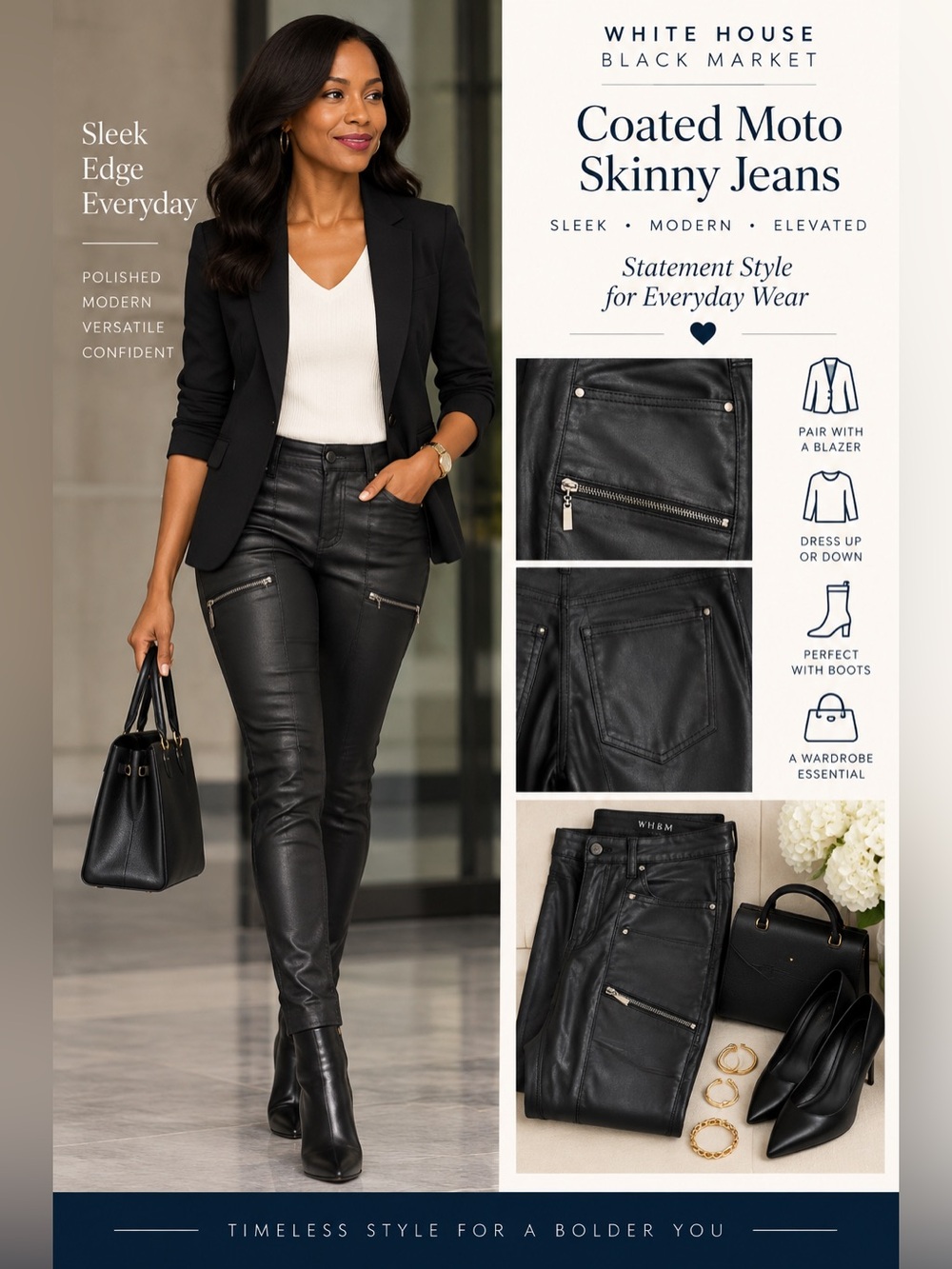 3355 White House Black Market Coated Black Moto Zip Skinny Jeans